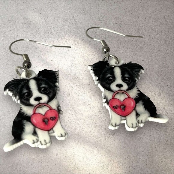 Adorable Heart Border Collie Dog Acrylic Dangle Earrings - Valentine's Day Gift - Picture 3 of 4
